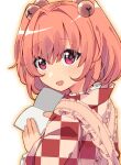  1girl apron bell blush book checkered_clothes checkered_kimono hair_bell hair_between_eyes hair_ornament holding holding_book japanese_clothes jingle_bell kimono motoori_kosuzu open_book open_mouth outline red_eyes red_hair short_hair simple_background smile solo touhou two_side_up upper_body white_background yamase yellow_apron 