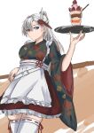  1girl absurdres alpha_(punishing:_gray_raven) blue_eyes closed_mouth dessert food grey_hair hair_between_eyes heterochromia highres holding holding_plate japanese_clothes long_hair multicolored_hair plate punishing:_gray_raven red_eyes red_hair shuuka solo streaked_hair thighhighs white_background white_thighhighs wide_sleeves 