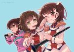  3girls brown_eyes brown_hair crying crying_with_eyes_open ensemble_girls! epaulettes facing_to_the_side formal hayakawa_kiko hisayoshi_(hisa) holding holding_instrument instrument jacket light_blue_background long_hair long_sleeves looking_at_another miyoshi_kanae multiple_girls natsuno_yuri one_eye_closed ponytail short_hair tears white_jacket yellow_eyes 