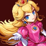  1girl artist_name blonde_hair blue_eyes blue_gemstone closed_mouth commentary_request crown dress earrings elbow_gloves floating_hair gem gloves hair_between_eyes hand_up hiroita jewelry long_hair looking_at_viewer lowres mario_(series) mini_crown pink_dress pixel_art princess_peach puffy_short_sleeves puffy_sleeves red_background red_gemstone short_sleeves sidelocks simple_background smile solo sphere_earrings upper_body white_gloves 