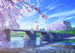  1girl black_hair blue_sky bridge brown_skirt building cherry_blossoms cloud commentary_request day jacket long_hair long_sleeves looking_away mocha_(cotton) original outdoors petals petals_on_liquid skirt sky solo spring_(season) standing tree water white_jacket 