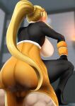  1boy 1girl ass blonde_hair blush bodysuit breasts clothed_sex cowgirl_position cum cum_in_pussy darkness_(konosuba) heavy_breathing highres kono_subarashii_sekai_ni_shukufuku_wo! large_breasts long_hair motion_blur ponytail sidelocks sirosoil skin_tight source_request straddling testicles 