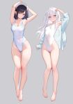  2girls armpits arms_up black_hair blush breasts cleavage collarbone collared_shirt covered_navel feet full_body glaring grey_background highleg highleg_swimsuit highres long_hair long_sleeves looking_at_viewer maid_headdress medium_breasts mignon multiple_girls navel one-piece_swimsuit original parted_lips pink_eyes presenting_armpit purple_eyes purple_hair sarah-san_(mignon) shiny_skin shiro-chan_(mignon) shirt short_hair small_breasts swimsuit thigh_gap thighs white_hair white_one-piece_swimsuit 