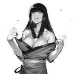  1boy 1girl breasts cleavage final_fantasy final_fantasy_xiv greyscale jamjamstyle japanese_clothes kimono large_breasts long_hair looking_at_viewer mole mole_under_eye monochrome parted_lips simple_background smile solo undressing upper_body white_background yotsuyu_goe_brutus 