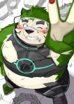  2023 9dtq0 absurd_res anthro belly big_belly black_nose blush canid canine canis domestic_dog green_body hi_res humanoid_hands kemono lifewonders live_a_hero male mammal mokdai moobs nipples one_eye_closed overweight overweight_male solo visor wink 