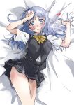  1girl arms_up bed_sheet black_skirt black_vest blue_eyes blue_hair blunt_bangs blunt_ends blush bow breasts commentary_request cowboy_shot curvy from_above hand_on_own_head hatsukaze_(kancolle) highres kantai_collection long_hair looking_at_viewer lying medium_breasts miniskirt on_back one-hour_drawing_challenge open_mouth paid_reward_available pleated_skirt sheet_grab shirt short_sleeves shy signature skirt solo surprised sweatdrop thighs usami_(50-point_caliper) variant_set vest white_shirt wide-eyed yellow_bow 