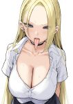  1girl arms_behind_back black_choker blonde_hair breasts choker cleavage collarbone commentary_request ear_piercing highres large_breasts long_hair long_tongue looking_at_viewer original piercing rena_(sky-freedom) shirt short_sleeves sky-freedom solo tongue tongue_out upper_body white_background white_shirt 