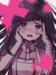  1girl apron bandaged_arm bandages blood blush brown_hair collared_shirt commentary_request crying d: danganronpa_(series) danganronpa_2:_goodbye_despair grey_apron hands_up highres long_hair mole mole_under_eye pe_cippe pink_blood pink_shirt shirt tears teeth tsumiki_mikan upper_teeth_only white_background white_shirt 