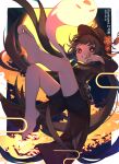  1girl absurdres artist_name barefoot black_nails black_shorts boo_tao_(genshin_impact) brown_hair commentary dated feet flower genshin_impact ghost grin hat hat_flower highres hu_tao_(genshin_impact) jewelry legs long_hair long_sleeves looking_at_viewer multiple_rings nail_polish red_eyes red_flower ring shorts smile soles toenails toes tsukibara twintails very_long_hair 