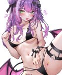  1girl absurdres bare_shoulders bikini black_bikini blush breasts cleavage collarbone colored_inner_hair demon_girl demon_tail demon_wings fang green_eyes hair_bun hair_ornament hairclip highres hololive kkato long_hair looking_at_viewer medium_breasts multicolored_hair navel open_mouth pink_hair purple_hair skin_fang smile solo spread_legs streaked_hair swimsuit tail thigh_strap tokoyami_towa virtual_youtuber white_background wings 