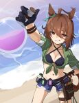  1girl agnes_tachyon_(lunatic_lab)_(umamusume) agnes_tachyon_(umamusume) ahoge animal_ears arm_up armband beach bikini black_bikini black_gloves breasts brown_bag cleavage commentary_request cork cowboy_shot criss-cross_halter denim denim_shorts ear_ornament flask gloves grin hair_between_eyes halterneck hand_on_own_hip highres holding holding_flask horse_ears horse_girl horse_tail jacket kii-kun_(agnes_tachyon)_(umamusume) medium_breasts navel ocean official_alternate_costume official_alternate_hairstyle open_fly outdoors quraqura_nemii red_eyes round-bottom_flask sand short_hair shorts single_glove sleeves_rolled_up smile solo swimsuit tail teeth test_tube thigh_strap tied_jacket umamusume water 