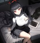  1girl absurdres bedroom black_hair black_skirt blue_archive breasts from_above hair_ornament hairclip highres indoors large_breasts long_hair naze236 on_bed parted_lips pleated_skirt red_eyes rio_(blue_archive) sitting skirt solo sweater tablet_pc thighs turtleneck turtleneck_sweater very_long_hair 
