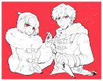  1boy 1girl ando_ruruka bon_bon bow candy closed_mouth cropped_torso danganronpa_(series) danganronpa_3_(anime) food fur-trimmed_jacket fur_collar fur_trim holding holding_candy holding_food holding_weapon izayoi_sounosuke jacket kunai looking_at_viewer red_background red_eyes red_theme scarf shimada_(dmisx) short_hair simple_background smile weapon 