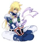  1boy armor belt black_belt blonde_hair blue_bodysuit blue_eyes bodysuit breastplate cape crossed_legs gloves green_headband hair_between_eyes headband kirimi_maguro long_hair looking_at_viewer male_focus on_floor open_mouth pants purple_cape shoulder_armor sitting smile stahn_aileron tales_of_(series) tales_of_destiny white_background white_pants 