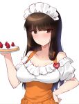  1girl blush breasts brown_eyes brown_hair cake cleavage food girls_und_panzer hand_on_own_hip highres kuzuryuu_kennosuke large_breasts long_hair looking_at_viewer maid_headdress nishizumi_shiho simple_background solo sweat upper_body waitress white_background 