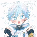  +_+ 1boy ahoge artist_request blue_eyes blue_hair child chinese_clothes chongyun_(genshin_impact) fingerless_gloves genshin_impact gloves looking_at_viewer male_focus open_mouth short_hair simple_background smile solo sparkle_background teeth translation_request upper_teeth_only 