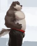  3000vnd abstract_background anthro bottomwear brown_body brown_fur canid canine canis clothed clothing domestic_dog fur hi_res male mammal multicolored_body multicolored_fur muscular muscular_male overweight overweight_male pants solo tail topless topless_male tuft two_tone_body two_tone_fur 
