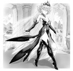  1girl absurdres bare_shoulders boots breasts closed_mouth collarbone curly_hair detached_sleeves dress from_side full_body greyscale hair_between_eyes high_heel_boots high_heels highres indoors light_smile looking_at_viewer mogudan monochrome one-punch_man pelvic_curtain small_breasts solo standing tatsumaki thigh_boots thighs tiara 