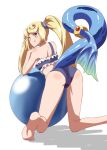  1girl ass back ball barefoot bikini blonde_hair blue_bikini closed_mouth exercise_ball frilled_bikini frills green_eyes kageyasu leaning_forward licking_lips long_hair looking_at_viewer looking_back shadow sheba_(xenoblade) simple_background single_strap smile soles solo swimsuit tail tongue tongue_out very_long_hair white_background xenoblade_chronicles_(series) xenoblade_chronicles_2 