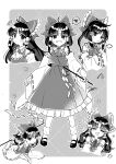  1girl ascot bare_shoulders bow closed_eyes closed_mouth detached_sleeves flying_sweatdrops frilled_skirt frills gohei greyscale hair_bow hair_tubes hakurei_reimu highres holding holding_gohei japanese_clothes jill_07km long_hair monochrome multiple_views nontraditional_miko open_mouth ribbon-trimmed_sleeves ribbon_trim shoes sidelocks signature skirt socks spoken_squiggle squiggle touhou wide_sleeves 