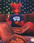  absurd_res alcohol anthro beverage champagne chinchilla chinchillid clothing cozy date eyes_closed female food froggsalt fur furniture hi_res lights mammal pajamas pizza pizza_box rainbow red_body red_fur rodent shirt smile sofa solo solo_focus t-shirt topwear 