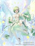  1girl bird breasts bridal_gauntlets character_request cleavage_cutout clothing_cutout copyright detached_sleeves dot_nose dress feathered_wings gloves gradient_legwear green_hair green_thighhighs hair_over_one_eye halo high_heels highres knees_together_feet_apart long_sleeves looking_at_viewer medium_breasts natsuiro_xx official_art one_eye_covered open_mouth outstretched_arms puffy_long_sleeves puffy_sleeves purple_eyes sleeveless sleeveless_dress smile solo teeth thighhighs thighs upper_teeth_only watermark white_dress white_gloves white_thighhighs white_wings wings z/x 