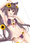  1girl :3 :d animal_ear_fluff animal_ears arm_up armpits bare_arms bikini black_bikini blunt_bangs breasts brown_eyes brown_hair cameltoe cat_ears cat_girl cat_tail chocola_(nekopara) collarbone commentary cowboy_shot finger_to_mouth flower front-tie_bikini_top front-tie_top hair_flower hair_ornament light_blush long_hair looking_at_viewer navel nekopara open_mouth side-tie_bikini_bottom simple_background small_breasts smile solo stomach sunflower swimsuit tail thigh_gap thigh_strap twintails very_long_hair white_background yuzuki_yuki_(another_yuki) 