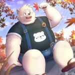  2023 anthro autumn bear belly big_belly blush bottomwear clothing hi_res kemono kemonuo leaf male mammal overweight overweight_male shirt shorts sitting solo suspenders topwear 