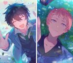  2boys absurdres black_sweater_vest blazer blue_jacket bug butterfly buttons closed_eyes closed_mouth collared_shirt commentary ensemble_stars! facing_viewer fang flower grass green_necktie grey_hair hair_between_eyes heart highres itsuki_shu jacket kagehira_mika lapels long_sleeves looking_at_viewer lying male_focus multiple_boys necktie on_back open_mouth outdoors pink_hair purple_eyes school_uniform shirt short_bangs short_hair smile sweater_vest symbol-only_commentary tirutiru_bee upper_body valkyrie_(ensemble_stars!) yumenosaki_school_uniform 