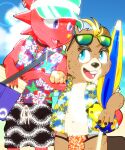  aloha_shirt animal_crossing anthro beach beaver belly blonde_hair blue_eyes bottomwear brown_body brown_fur bulge c.j._(animal_crossing) chameleon clothing duo eyewear flick_(animal_crossing) freckles fur hair hi_res lizard male male/male mammal mujina_uranoya navel nintendo pattern_clothing pattern_shirt pattern_topwear red_body red_scales reptile rodent scales scalie seaside shirt shorts slightly_chubby speedo sunglasses swimwear topwear 