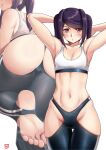 1girl armpits arms_behind_head arms_up ass black_leggings breasts cameltoe double_vertical_stripe feet finalcake foot_focus foot_out_of_frame highres hip_vent jill_stingray leggings long_hair looking_at_viewer navel no_shoes purple_hair red_eyes sidelocks small_breasts soles sports_bra standing standing_on_one_leg stirrup_legwear toeless_legwear toes twintails va-11_hall-a white_sports_bra 