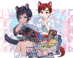  1boy 1girl absurdres animal_ears bag black_hair bow bowtie candy closed_mouth collared_shirt food highres holding holding_candy holding_food holding_lollipop jacket lollipop long_sleeves looking_at_viewer off_shoulder open_clothes open_jacket original pleated_skirt red_eyes red_hair shirt shop shopping_cart short_hair sitting skirt socks tail thick_eyebrows timy white_shirt white_socks 