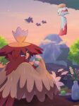  beak chikafuji chimecho cloud feathers flower_pot food highres hisuian_decidueye holding holding_food honchkrow mochi mountain murkrow outdoors plate pokemon sitting star_(sky) sunset tree veranda yellow_eyes 