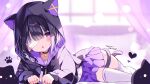  1girl :&lt; animal_ears animal_hood bandage_over_one_eye bell black_hair black_hoodie blunt_bangs blurry blurry_background blush cat_ears cat_hood commentary commission feet_out_of_frame heart highres hood hoodie indie_virtual_youtuber kurose_kiri long_sleeves looking_at_viewer lying neck_bell on_side open_mouth paw_print purple_background purple_eyes purple_skirt shirt short_hair skeb_commission skirt solo stuffed_animal stuffed_cat stuffed_toy suisei_1121 tail tail_around_leg thighhighs white_shirt white_thighhighs 