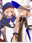  2girls :t angry artoria_caster_(fate) artoria_caster_(second_ascension)_(fate) artoria_pendragon_(fate) beret black_bow black_gloves black_pantyhose black_ribbon blonde_hair blue_cloak blue_eyes blue_headwear blush bow bride cloak closed_mouth collar collared_shirt dress fate/grand_order fate_(series) gem glasses gloves gold_trim green_eyes green_gemstone hair_between_eyes hair_ribbon hat highres holding holding_staff long_dress looking_at_another multicolored_clothes multicolored_dress multiple_girls pantyhose pink_ribbon pout purple_bow red_gemstone ribbon shirt skirt staff tonelico_(fate) twintails uxco0 white_background white_dress white_headwear white_shirt white_skirt witch_hat 