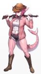  absurd_res anthro boots clothed clothing cowboy_hat female fish footwear hair hat headgear headwear hi_res looking_at_viewer marine pgm300 pink_body pink_eyes pink_hair shark simple_background smile solo tail weapon 