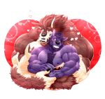  &lt;3 2021 anthro arm_tuft barazoku beard biceps blue_eyes blush brown_body brown_fur brown_hair canid canine chest_tattoo chest_tuft claws duo embrace eye_contact facial_hair fangs finger_claws flexor_carpi fur goatee hair hairy_arms hi_res holidays hug hugging_from_behind hugging_partner larger_male looking_at_another male male/male mammal muscular muscular_anthro muscular_male nipples pecs purple_body purple_eyes purple_fur purple_hair rujirublkdragon size_difference smaller_male sparkles tattoo teeth titandraugen triceps tuft tusks vaisz_(character) valentine&#039;s_day were werecanid werecanine werethrope_laporte werewolf 