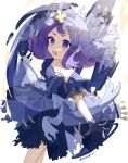  1girl :d acerola_(pokemon) adapted_costume armlet blue_dress blush commentary_request dress eyelashes flipped_hair gloves hair_ornament hairclip highres multicolored_clothes multicolored_dress open_mouth pokemon pokemon_(game) pokemon_sm purple_eyes purple_hair short_sleeves smile solo stitches sumeragi1101 topknot veil 
