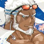  1boy aegir_(housamo) anchor_earrings aqua_hair bara beard blue_background blue_eyes character_name commentary_request dark-skinned_male dark_skin earrings eyewear_on_head facial_hair glowing glowing_eye grin hiraga0613 jewelry male_focus mature_male multicolored_hair muscular muscular_male mustache open_clothes open_shirt parted_lips portrait short_hair single_earring smile solo streaked_hair sunglasses thick_eyebrows tokyo_afterschool_summoners two-tone_background white_background white_hair 