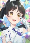  1girl absurdres birthday black_hair blush breasts bubble commentary gloves hazuki_ren high_ponytail highres kyaku_tatsu long_hair looking_at_viewer love_live! love_live!_superstar!! medium_breasts ponytail portrait signature sleeveless tears white_gloves wiping_tears wish_song_(love_live!) yellow_eyes 