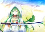  1girl closed_mouth cloud floral_print flower fudo_shin green_eyes green_hair hands_up highres himetsuru_ichimonji_(tenka_hyakken) holding holding_sword holding_weapon hood hydrangea japanese_clothes kimono leaf looking_at_viewer open_hands shiromuku sidelocks sky smile solo straight-on sword tachi_(weapon) tassel tenka_hyakken uchikake wataboushi weapon wide_sleeves 