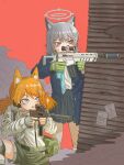  2girls aiming animal_ear_fluff animal_ears assault_rifle backpack bag belt black_jacket black_skirt blazer blue_archive blue_eyes blue_necktie blue_scarf cat_ears cat_girl collared_shirt commentary cross_hair_ornament crossover english_commentary girls&#039;_frontline grey_hair gun hair_between_eyes hair_ornament hairclip halo headset highres holding holding_gun holding_weapon idw_(girls&#039;_frontline) jacket knee_pads kneeling long_hair long_sleeves looking_away medium_hair mismatched_pupils multiple_girls necktie open_clothes open_jacket orange_hair parker-hale_idw parted_lips plaid plaid_skirt pleated_skirt powerdman rifle scarf school_uniform shiroko_(blue_archive) shirt shorts sidelocks sig_sauer_556 simple_background skirt suspender_shorts suspenders sweat taking_cover triangle_mouth weapon white_shirt wolf_ears wolf_girl 