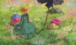  1girl absurdres braid brown_hair closed_mouth covered_eyes dress flower from_above grass green_dress hair_ribbon hat hat_ribbon highres howl_no_ugoku_shiro long_hair long_sleeves null_(skev7724) on_grass on_ground orange_flower pink_flower ribbon rock scarecrow single_braid sitting smile solo sophie_(howl_no_ugoku_shiro) straw_hat sun_hat white_flower 