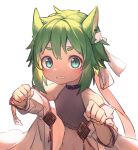  1boy androgynous animal_ears aqua_eyes blush chinese_clothes clenched_hands dudou ear_piercing green_hair hair_between_eyes headband highres male_focus original otoko_no_ko piercing solo tsukibara upper_body white_background white_headband wide_sleeves 