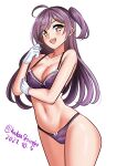  1girl absurdres ahoge bra breasts brown_eyes cleavage dated gloves hagikaze_(kancolle) highres kantai_collection katou_shinobu long_hair medium_breasts one-hour_drawing_challenge one_side_up panties purple_bra purple_hair purple_panties simple_background solo standing twitter_username underwear underwear_only white_background white_gloves 