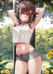  1girl ahoge armpits arms_behind_head arms_up bare_arms bare_shoulders black_choker braid breasts brown_eyes brown_hair camisole choker commission cowboy_shot crop_top crop_top_overhang day docozi drawstring flower green_eyes grey_shorts hair_ornament heterochromia highres indie_virtual_youtuber looking_at_viewer medium_breasts medium_hair meica_(vtuber) micro_shorts midriff navel outdoors shirt shorts skeb_commission sleeveless sleeveless_shirt solo spaghetti_strap standing star_(symbol) star_hair_ornament stomach sunflower sweat thighs virtual_youtuber white_shirt 