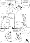  2023 anthro antlers bernielover blush bodily_fluids breasts canid canine cellphone claws cleavage clothed clothing comic deer dialogue disney english_text feet female finger_claws fingers fox fur group hi_res hindpaw horn humanoid_hands judy_hopps kneeling lagomorph leporid male male/female mammal nick_wilde paws phone rabbit shaking shirt sitting smartphone speech_bubble sweat t-shirt tail tail_motion tailwag tank_top text toes topwear tremble_spikes trembling trio whitney_(bernielover) zootopia 