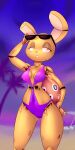  anthro beach breasts camel_toe cleavage clitoris_outline clothed clothing endoskeleton eyewear eyewear_on_head female five_nights_at_freddy&#039;s five_nights_at_freddy&#039;s_3 fluffolio genital_outline glistening glistening_body hi_res metallic_body navel_outline nipple_outline one-piece_swimsuit orange_eyes pussy_outline scottgames seaside solo springtrap_(fnaf) standing sunglasses sunglasses_on_head swimwear thick_thighs yellow_body 