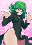  1girl black_dress breasts collarbone covered_navel cowboy_shot curly_hair dress green_eyes green_hair grin hand_up medium_breasts medium_hair no_panties one-punch_man one_eye_closed pink_background shiny_skin slammo smile solo tatsumaki teeth 