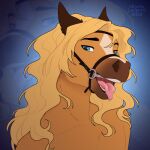  anthro bdsm blonde_hair blue_eyes bodily_fluids bondage bound bridle digital_media_(artwork) equid equine eyebrows eyelashes fur golden_wing hair hi_res horse kyotoleopard looking_at_viewer male mammal open_mouth portrait saliva simple_background snaffle solo teeth tongue tongue_out 